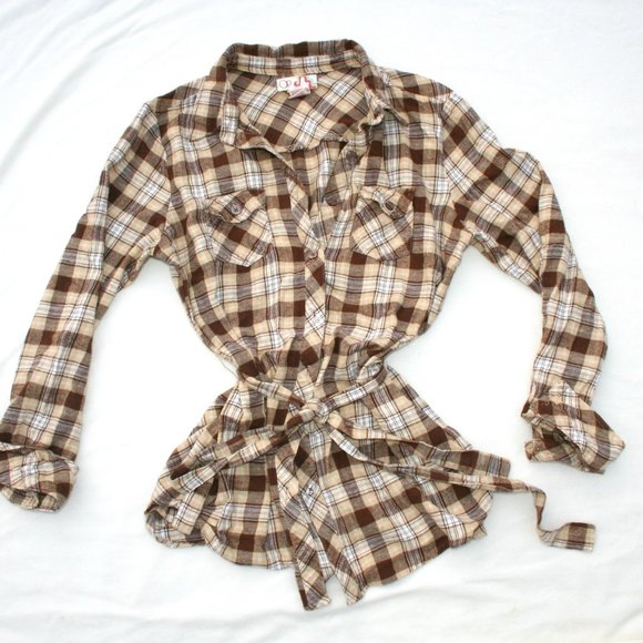 🍁CARAMEL PLAID BUTTON DOWN SHIRT SOFT FLANNEL LADIES JUNIORS XL TOP WAIST TIE - Picture 6 of 13